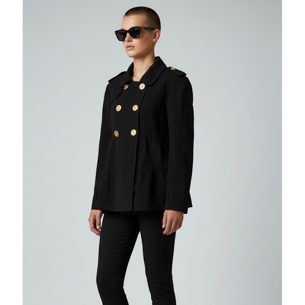 INC International Concepts Size Medium Black Ruffle Hem Gold Button Jacket Coat
